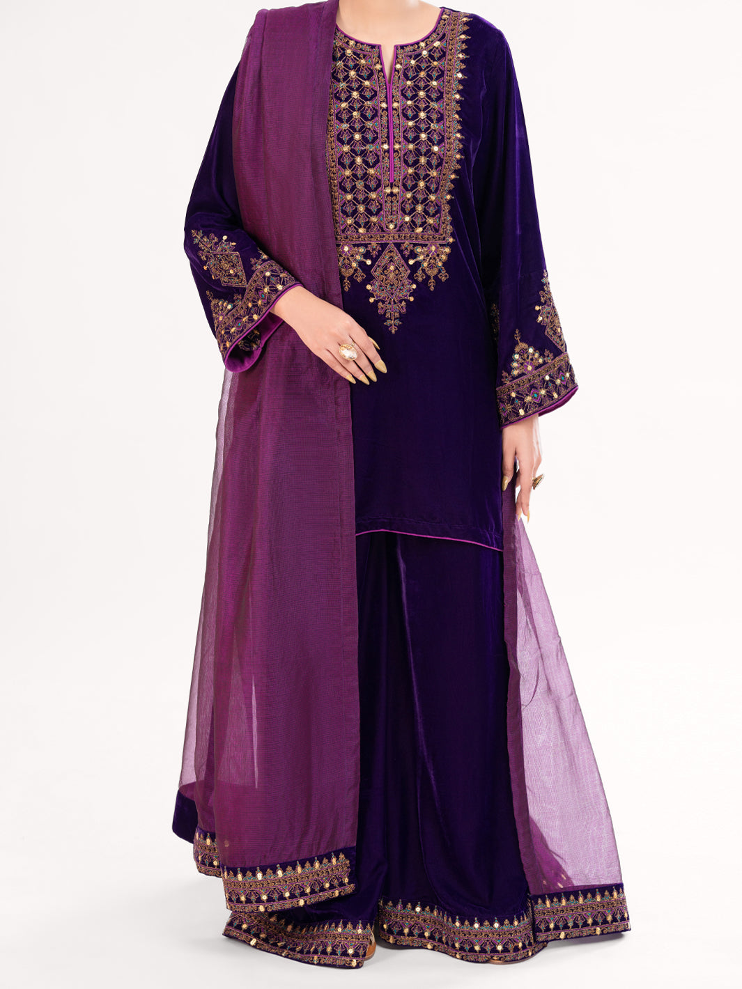 Purple Velvet Formal 3Pc Stitched - AL-3PS-LS-561