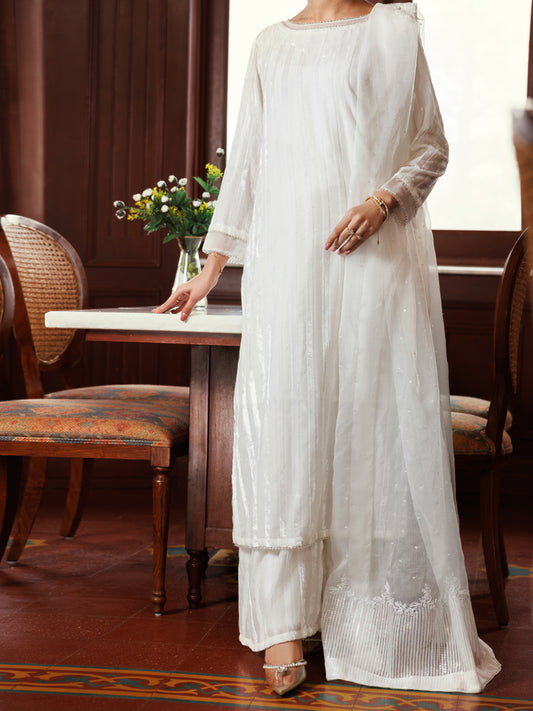White Palachi Velvet Formal 3Pc Stitched - AL-3PS-LS-563