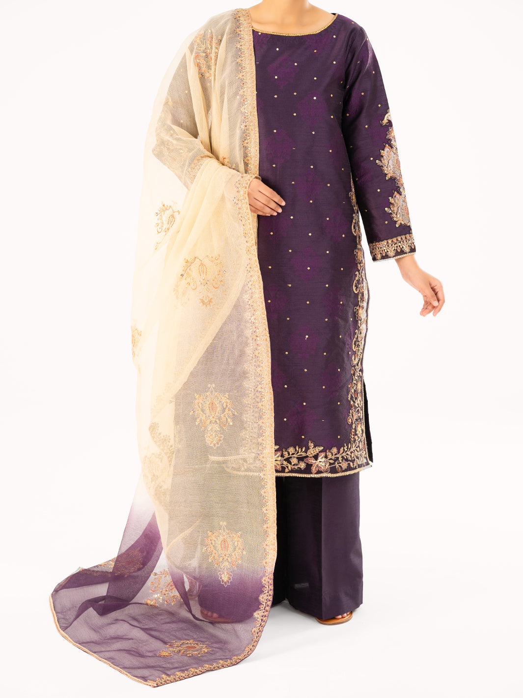 Purple Self-Jacquard Silk Formal 3Pc Stitched - AL-3PS-LS-568