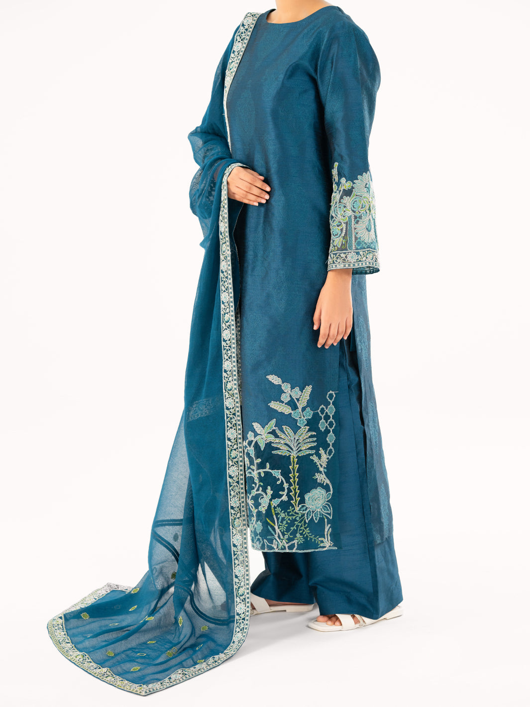 Turquoise Self-Jacquard Silk Formal 3Pc Stitched - AL-3PS-LS-567