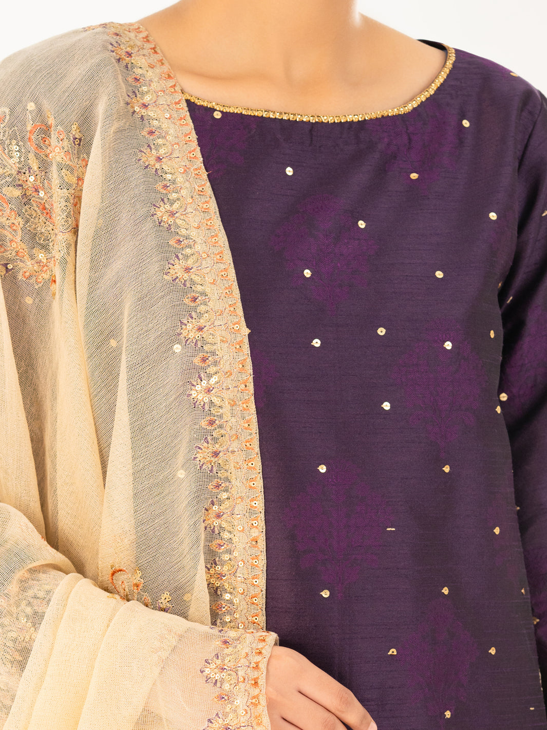 Purple Self-Jacquard Silk Formal 3Pc Stitched - AL-3PS-LS-568