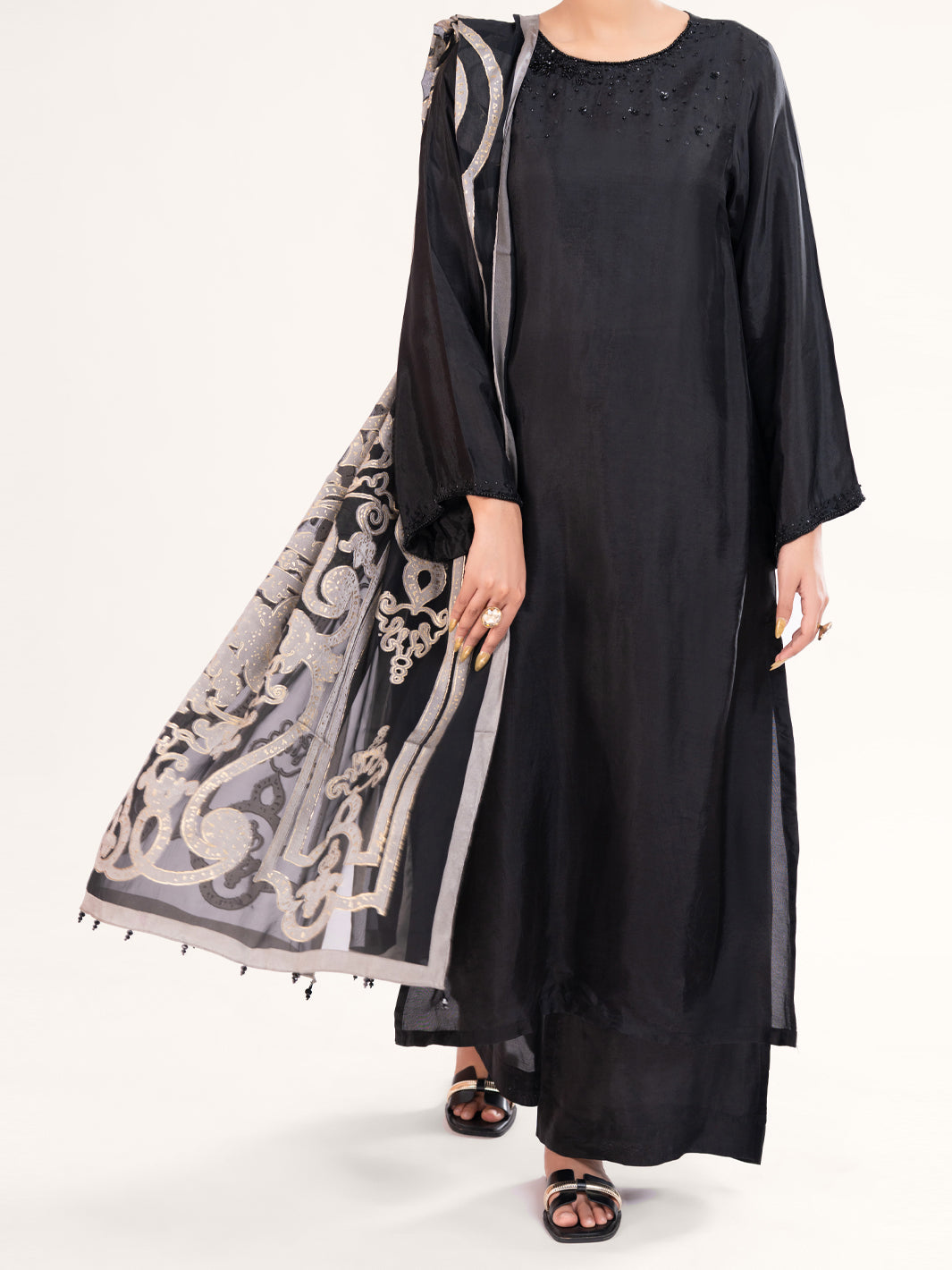 Black Sheesha Silk Formal 3Pc Stitched - AL-3PS-LS-578