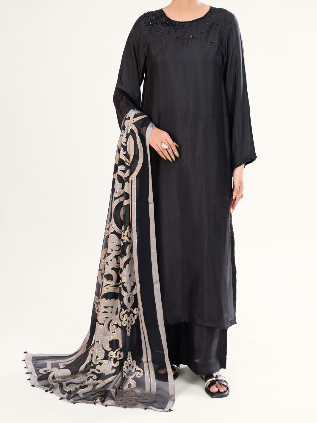 Black Sheesha Silk Formal 3Pc Stitched - AL-3PS-LS-578