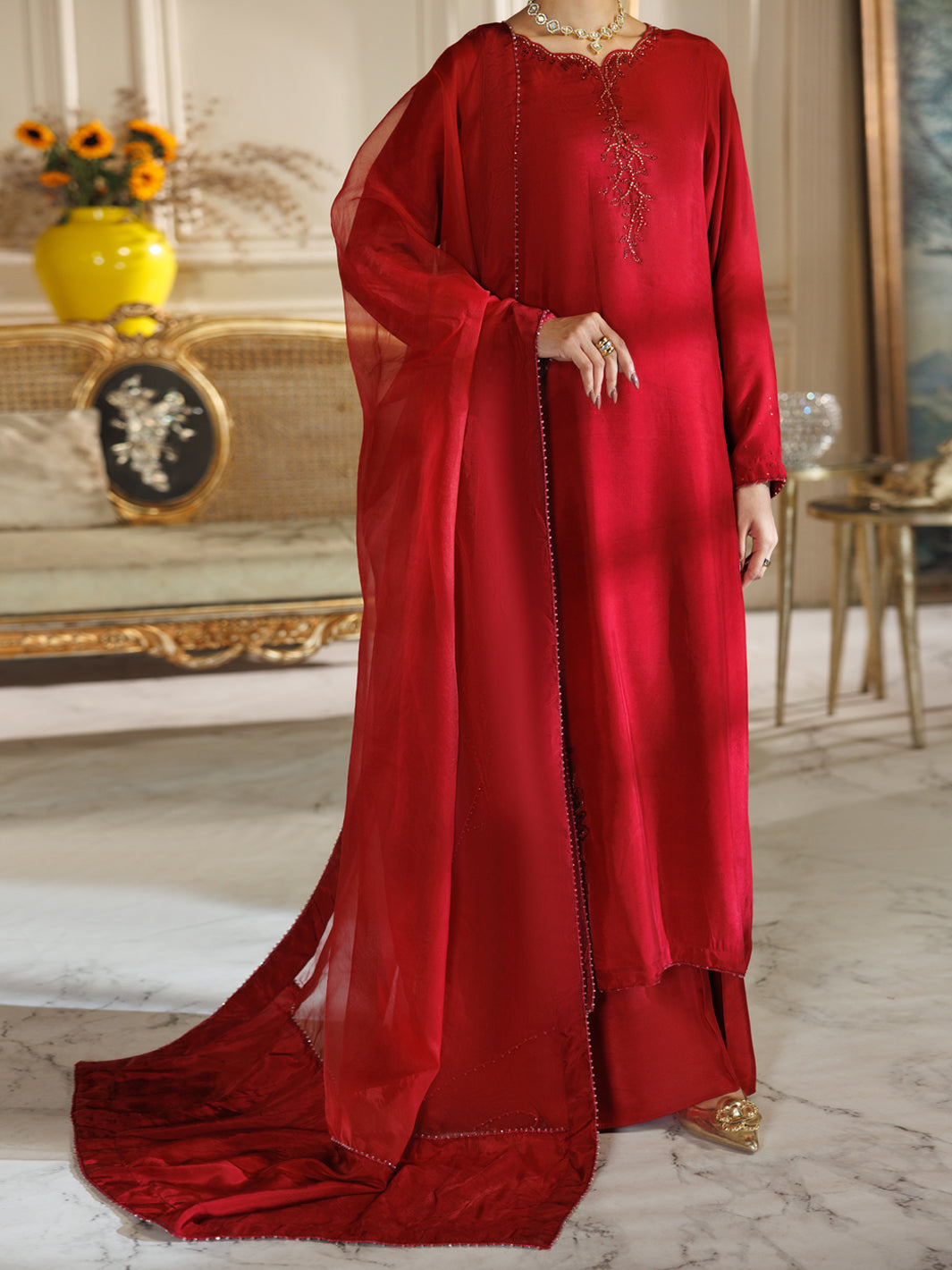 Red Viscose Formal Stitched 3Pc - AL-3PS-LS-589