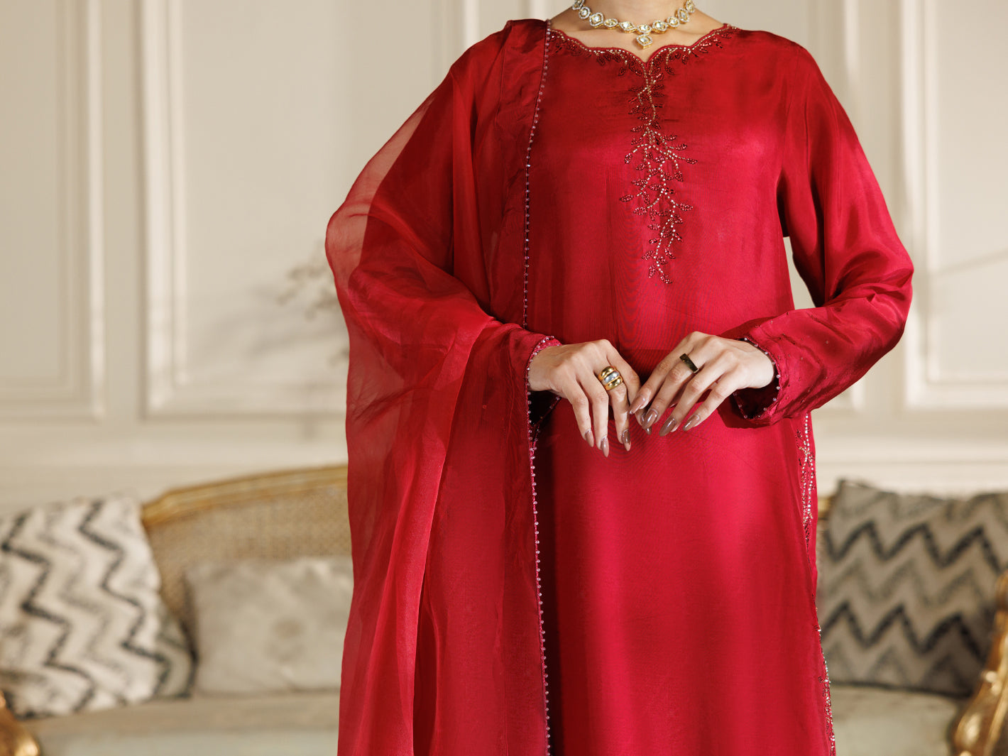 Red Viscose Formal Stitched 3Pc - AL-3PS-LS-589