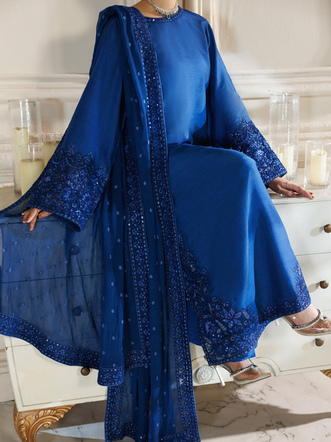 Royal Blue Raw Silk Formal 3Pc Stitched - AL-3PS-LS-597