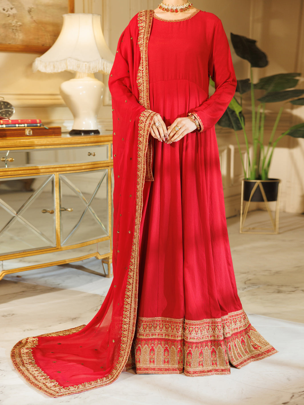 Red Raw Silk Formal Stitched 3Pc  - Women Formal Stitched 03 Piece | ALMIRAH