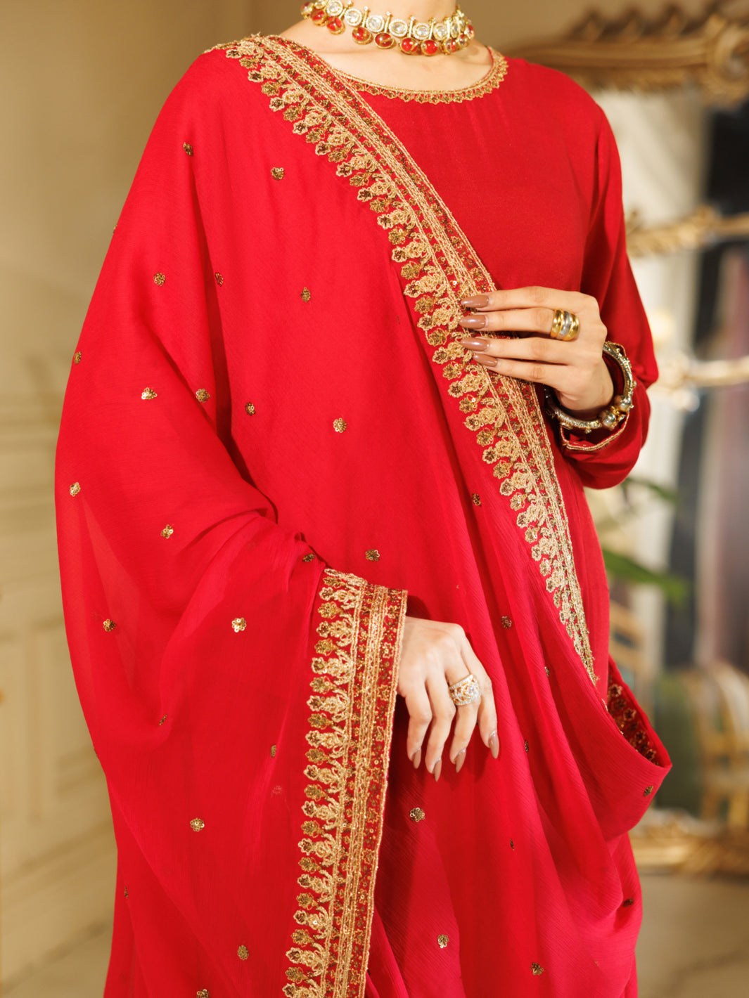 Red Raw Silk Formal Stitched 3Pc - AL-3PS-LS-600