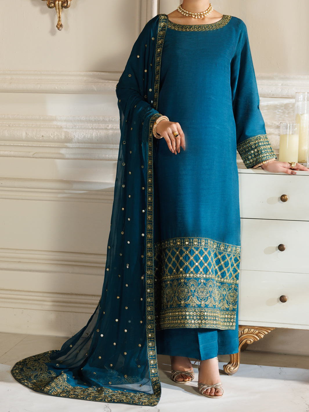 Turquoise Raw Silk Formal Stitched 3Pc - AL-3PS-LS-601
