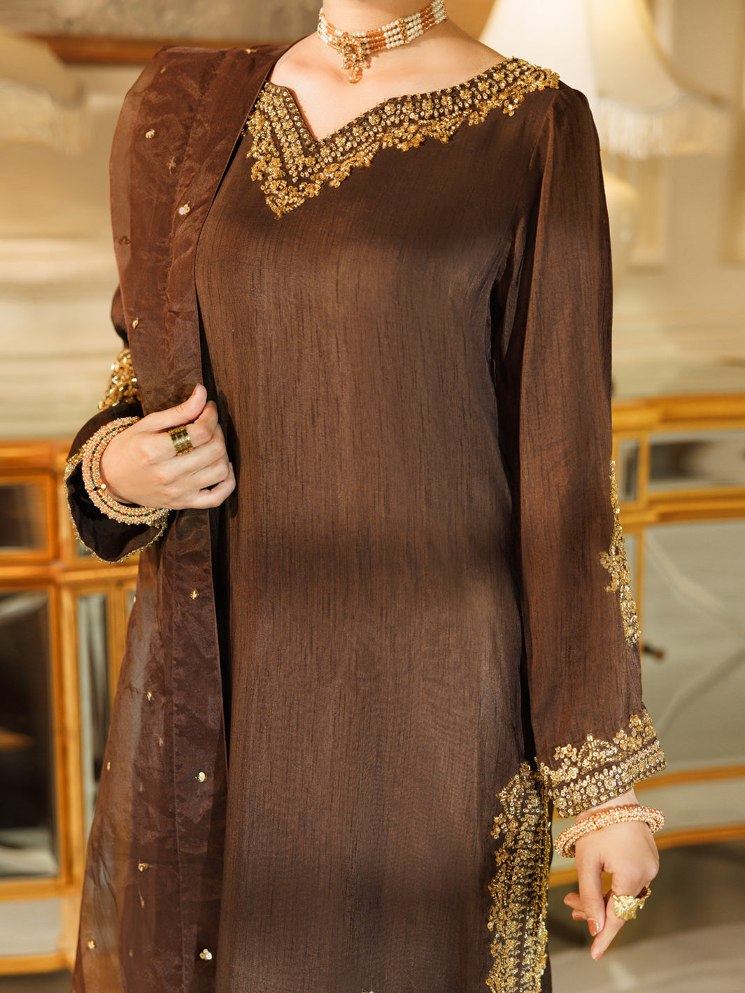 Brown Raw Silk Formal Stitched 3Pc - AL-3PS-LS-609
