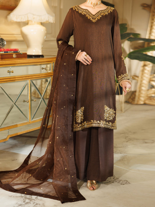 Brown Raw Silk Formal Stitched 3Pc - AL-3PS-LS-609