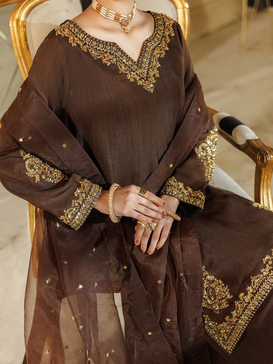 Brown Raw Silk Formal Stitched 3Pc - AL-3PS-LS-609