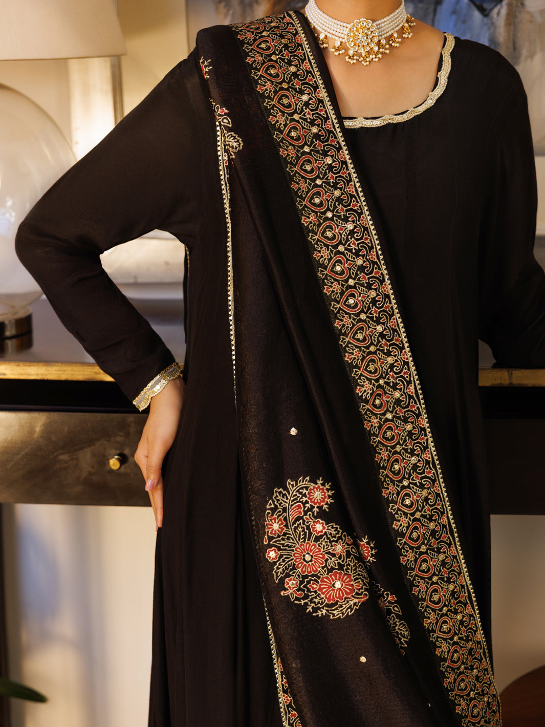 Black Sheesha Silk Formal 3Pc Stitched - AL-3PS-LS-625