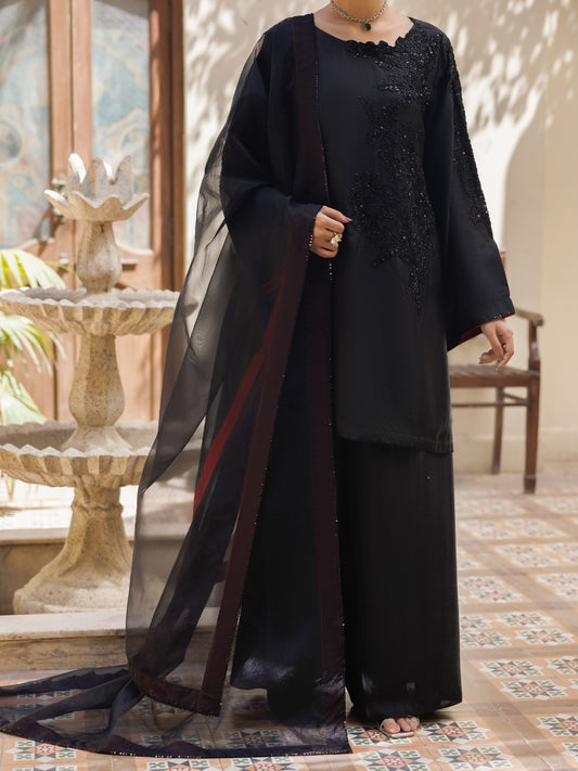 Black Taffeta Silk Formal Stitched 3Pc- AL-3PS-LS-630