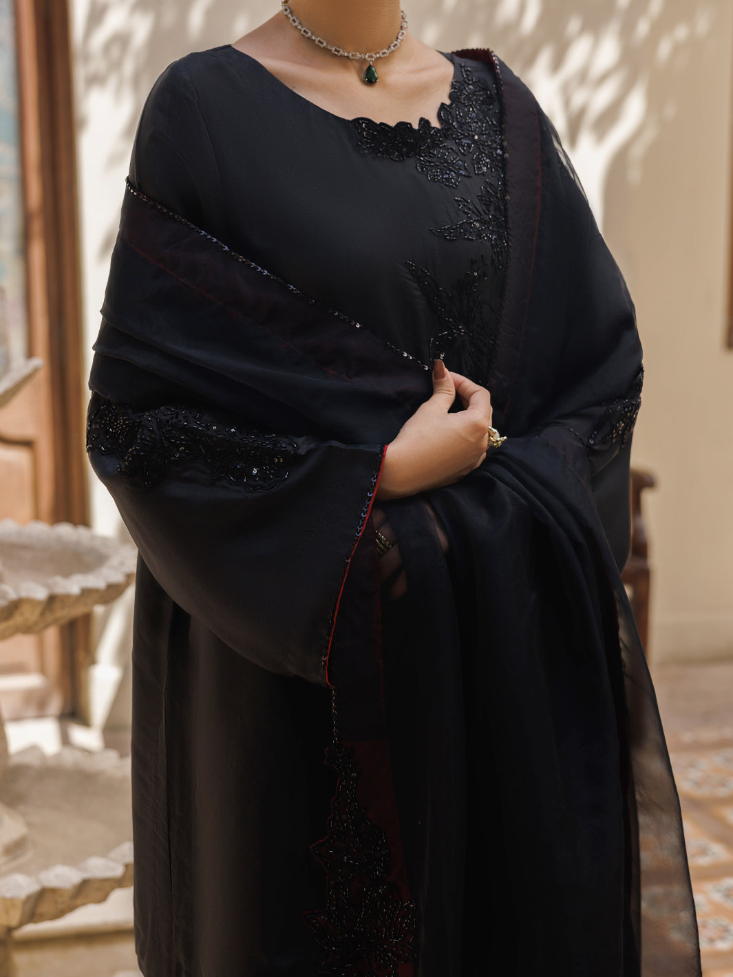 Black Taffeta Silk Formal Stitched 3Pc- AL-3PS-LS-630