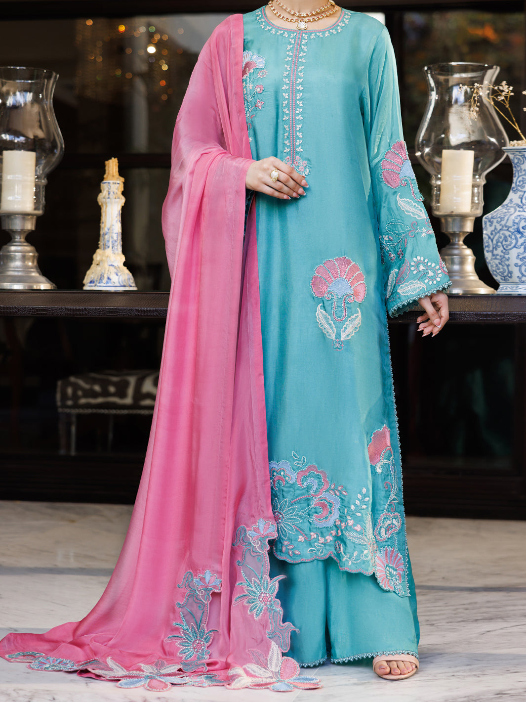 Turquoise Sheesha Silk Formal 3Pc Stitched - AL-3PS-LS-631 Front Main