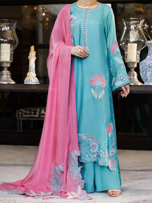 Turquoise Sheesha Silk Formal 3Pc Stitched - AL-3PS-LS-631