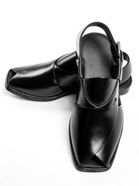 Black Leather Peshawari Sandals - AL-MFW-HC-171