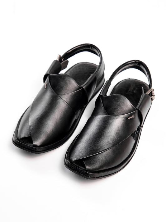 Black Leather Peshawari Sandals - AL-MFW-HC-173