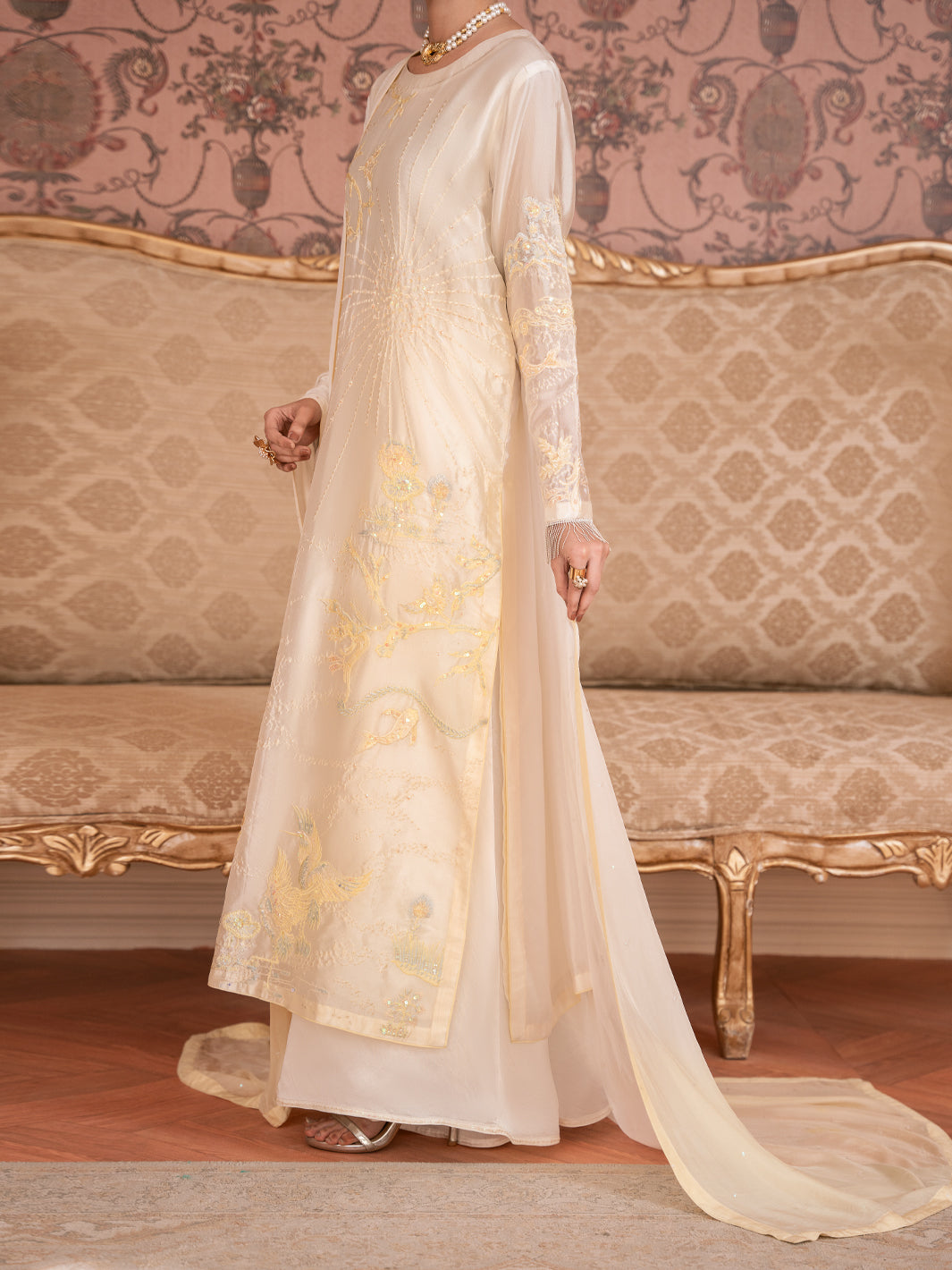 White Sheesha Silk Formal Stitched 3Pc - AL-3PS-SS-LS-614