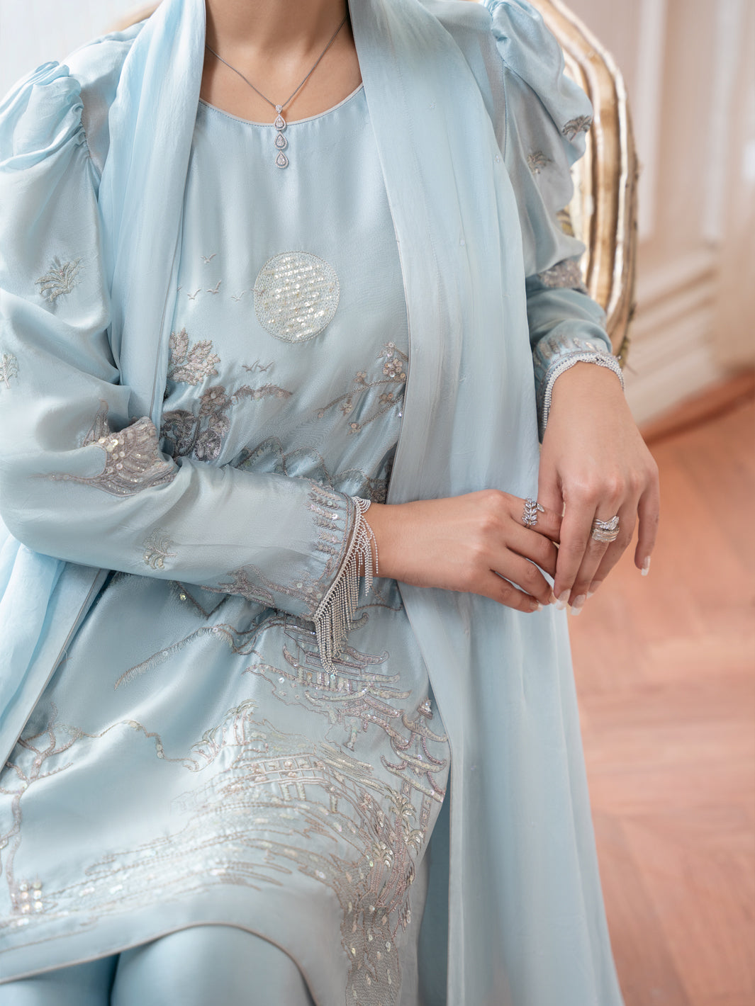 Sea Blue Sheesha Silk Formal Stitched 3Pc - AL-3PS-SS-LS-615