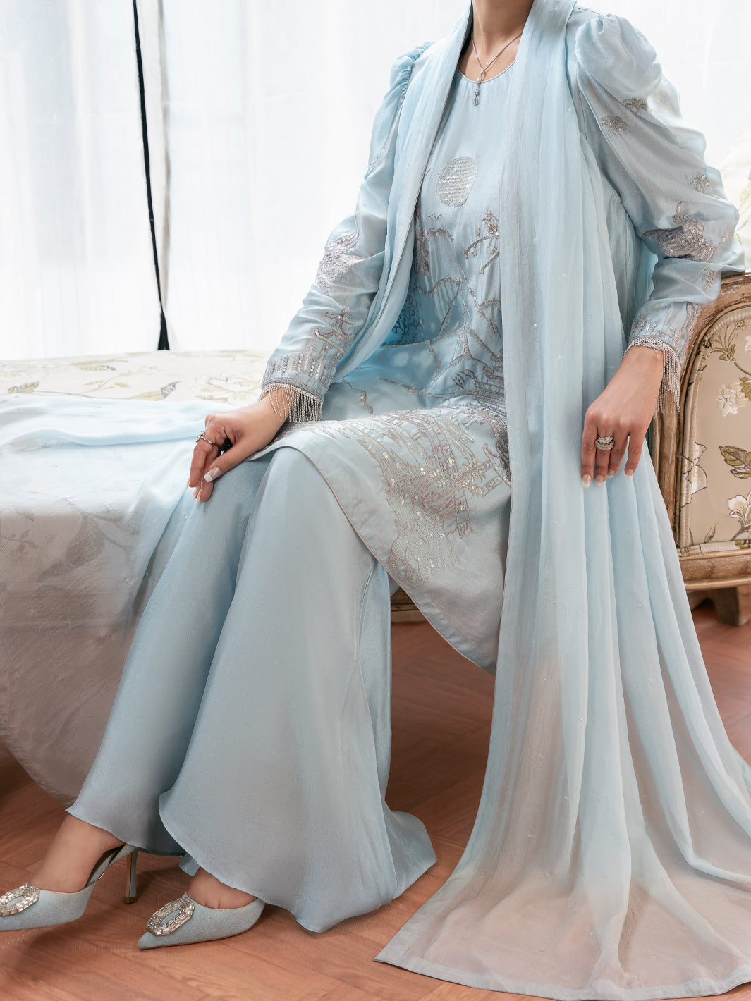 Sea Blue Sheesha Silk Formal Stitched 3Pc - AL-3PS-SS-LS-615
