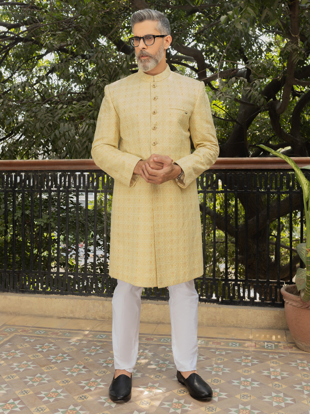 Yellow Embroidered Sherwani - AL-SW-150 Front Main