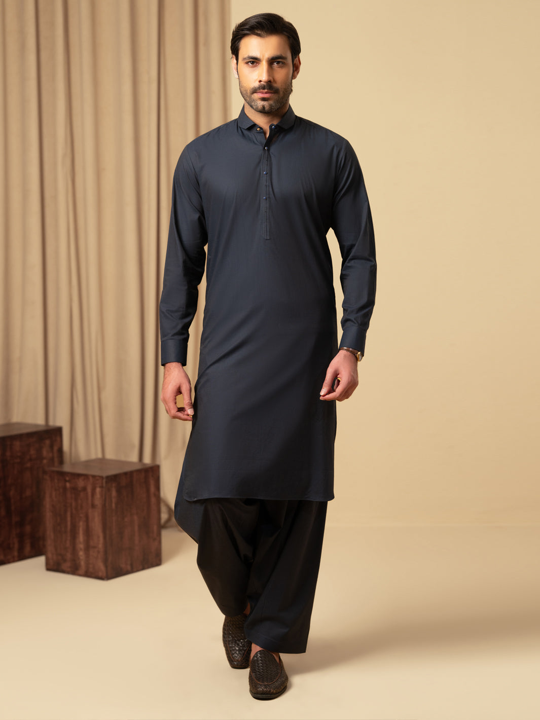 Midnight Blue Cotton Kameez Shalwar - ALWA-KS-586