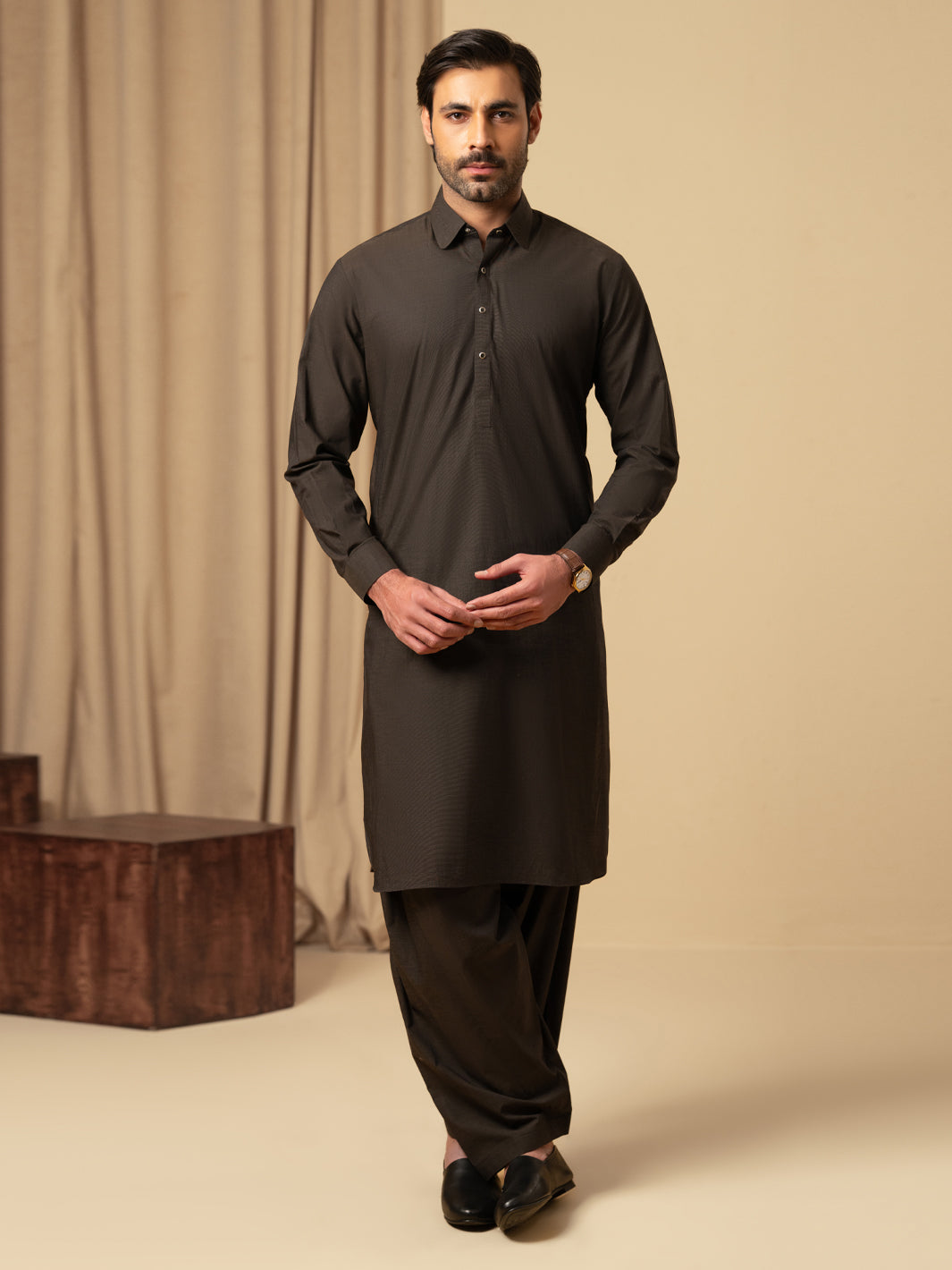 Dark Brown Cotton Kameez Shalwar - ALWA-KS-587