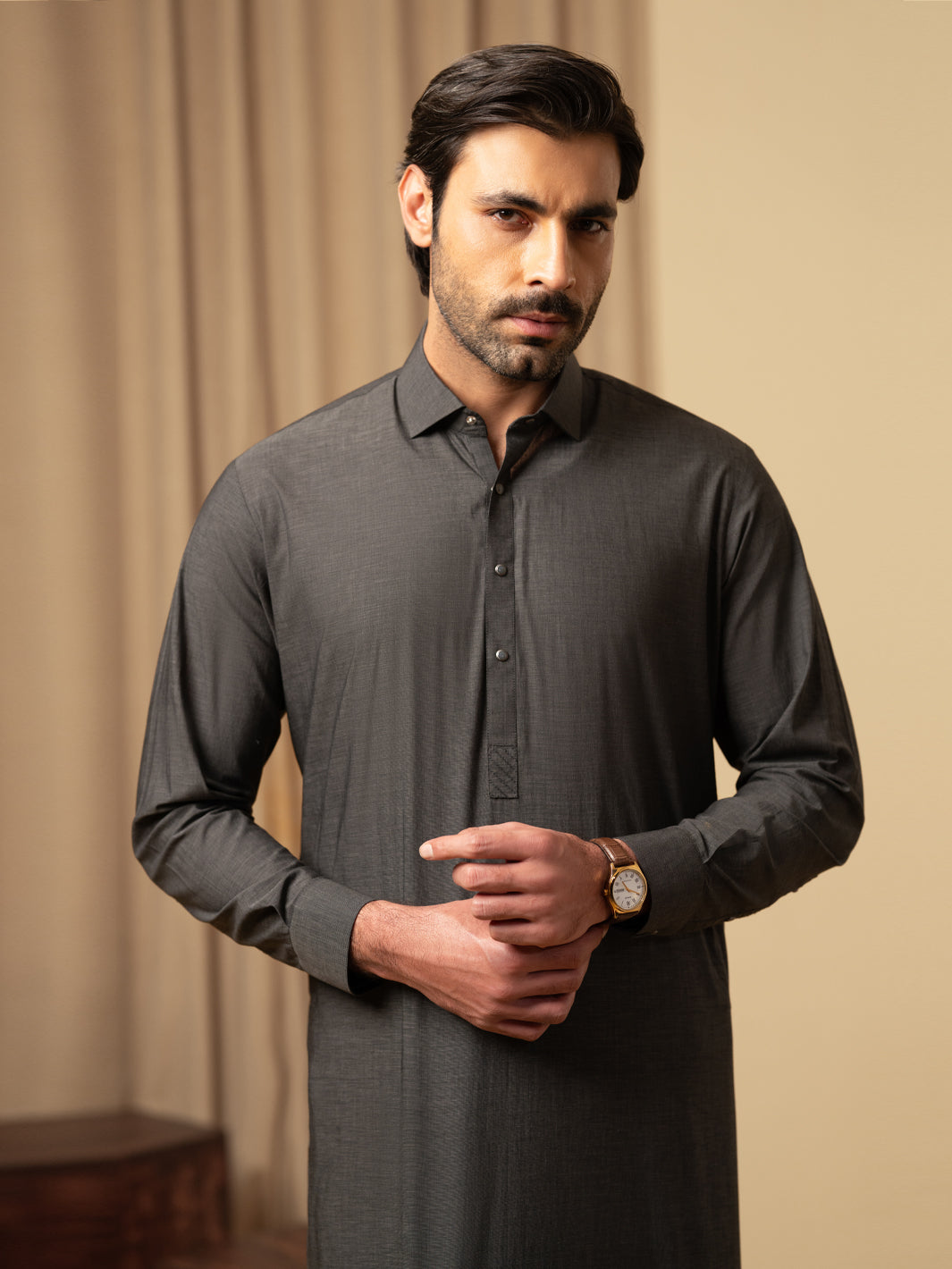 Charcoal Grey Cotton Kameez Shalwar - ALWA-KS-588
