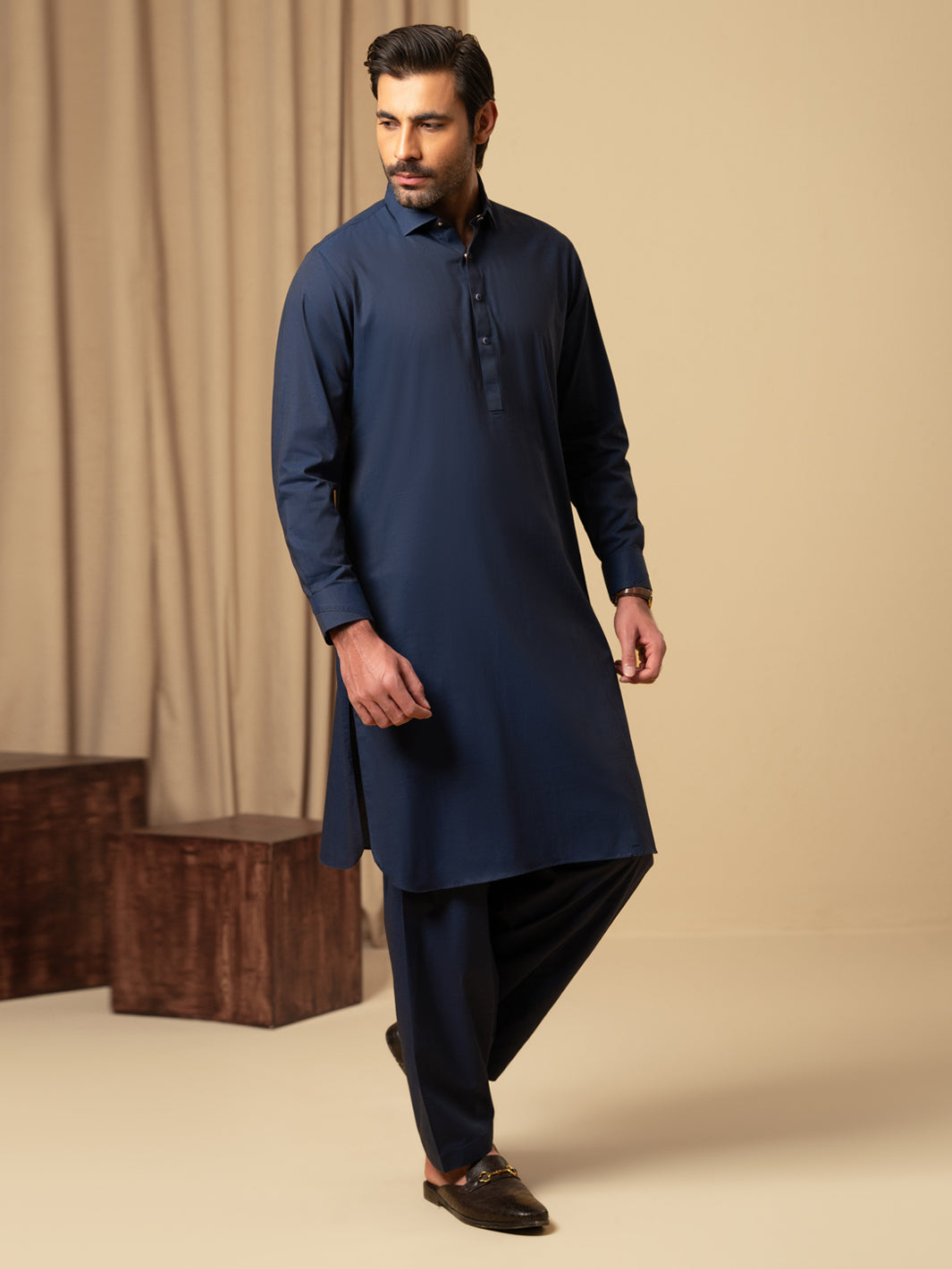 Dark Blue Cotton Kameez Shalwar - ALWA-KS-590