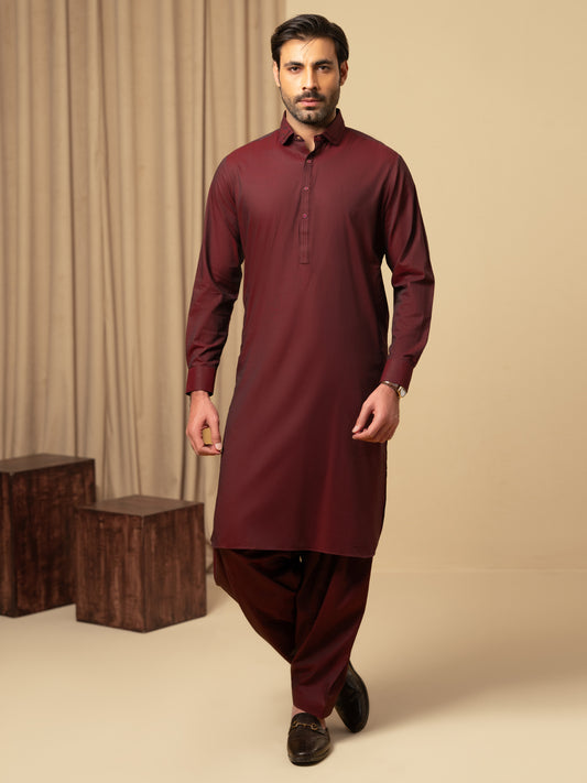 Maroon Cotton Kameez Shalwar - ALWA-KS-591