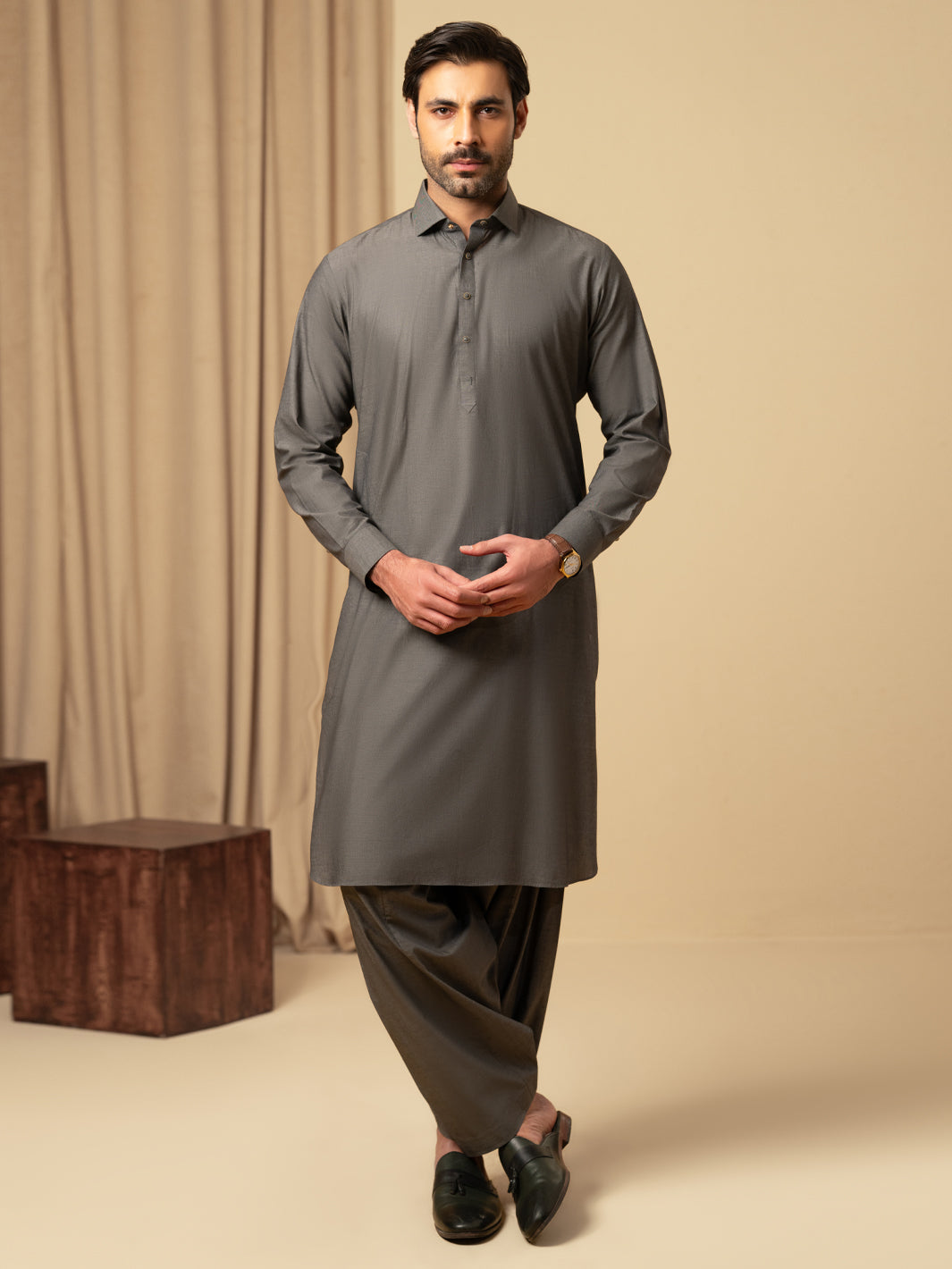 Grey Cotton Kameez Shalwar - ALWA-KS-597