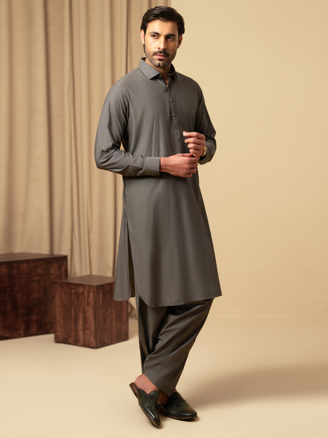 Grey Cotton Kameez Shalwar - ALWA-KS-597