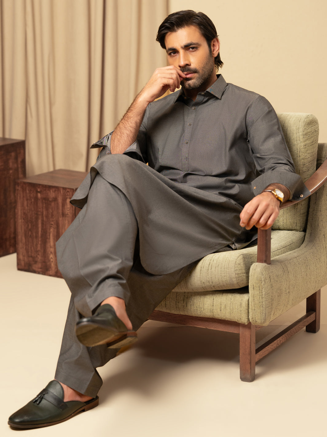 Grey Cotton Kameez Shalwar - ALWA-KS-597