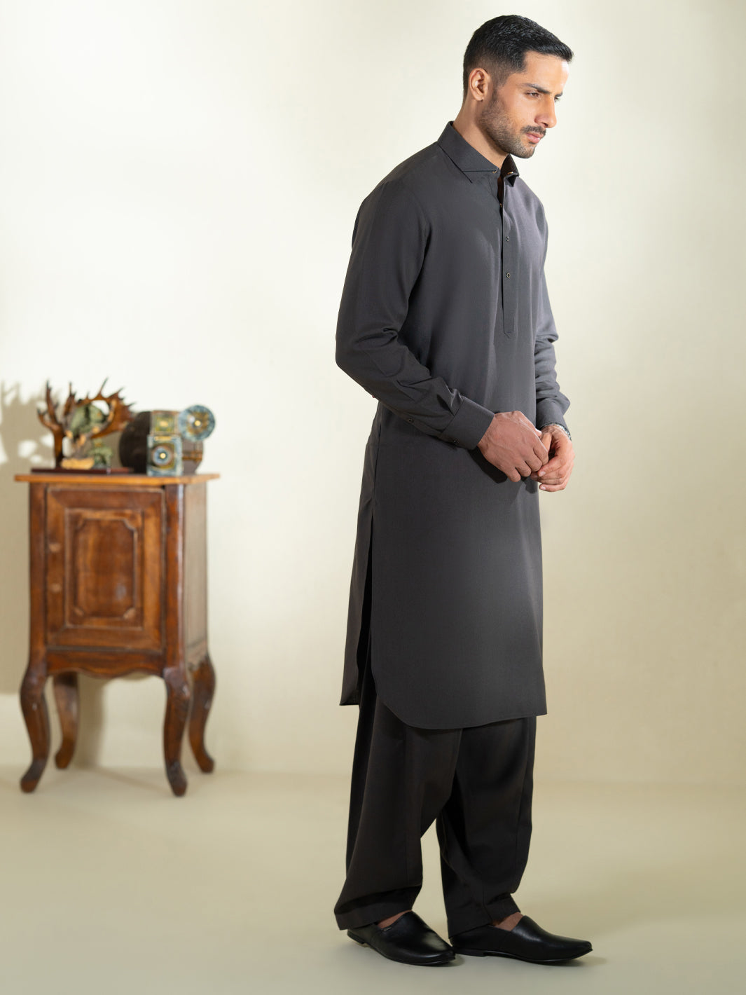 Charcoal Grey Kameez Shalwar - ALWA-KS-605
