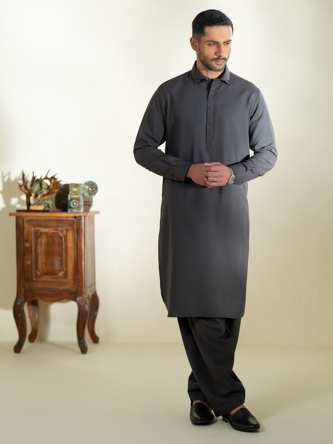 Charcoal Grey Kameez Shalwar - ALWA-KS-605