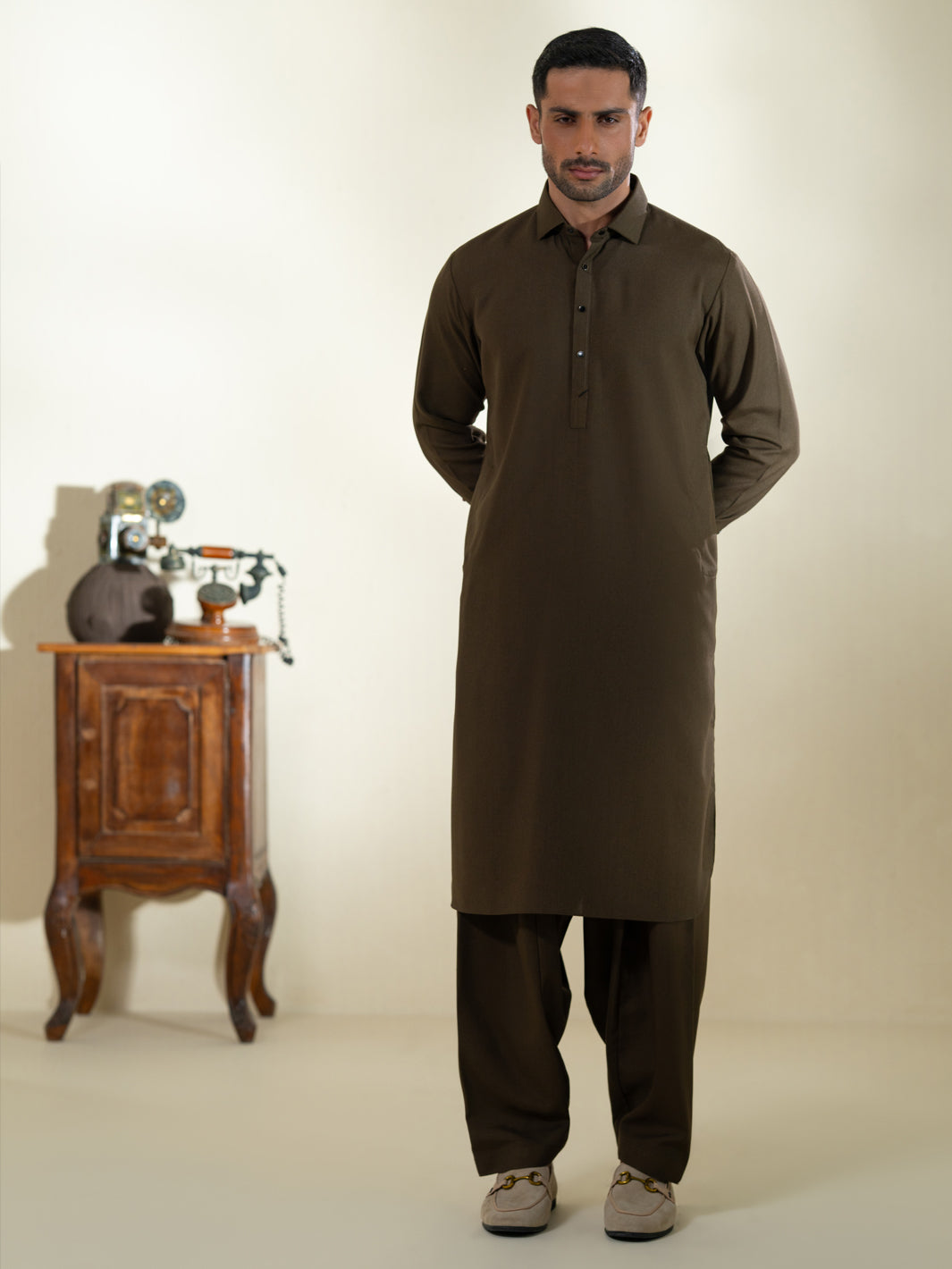Olive Kameez Shalwar - ALWA-KS-606