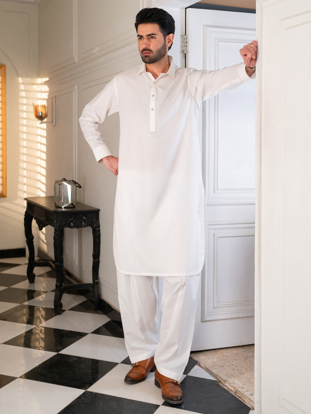 White Cotton Cut & Sew Kameez Shalwar - ALWA-KS-610