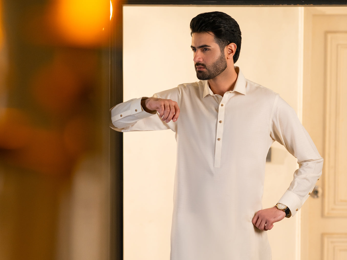 Cream Cotton Plain Kameez Shalwar - ALWA-KS-611