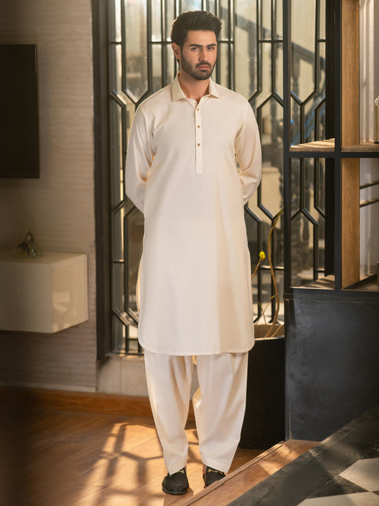 Cream Cotton Plain Kameez Shalwar - ALWA-KS-611