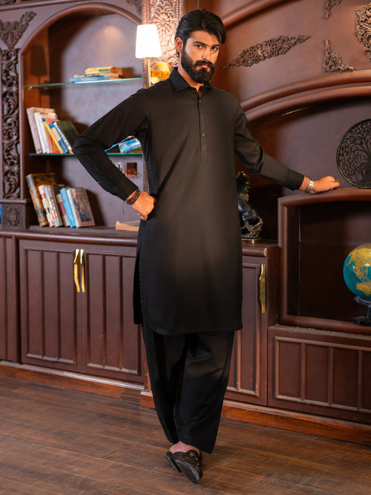 Black Cotton Cut & Sew Kameez Shalwar - ALWA-KS-612
