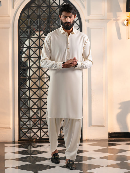 Off White Cut & Sew Kameez Shalwar - ALWA-KS-613