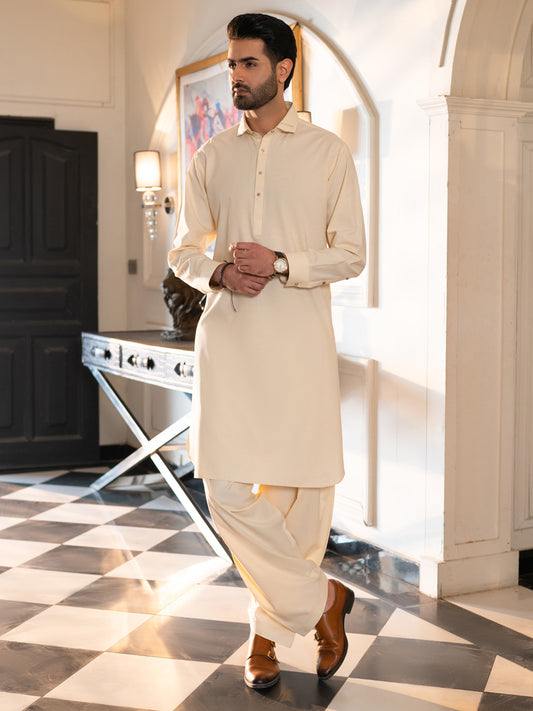 Off White Cut & Sew Kameez Shalwar - ALWA-KS-618