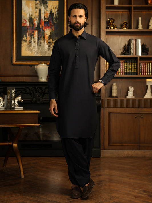 Navy Blue Cut & Sew Kameez Shalwar - ALWA-KS-633