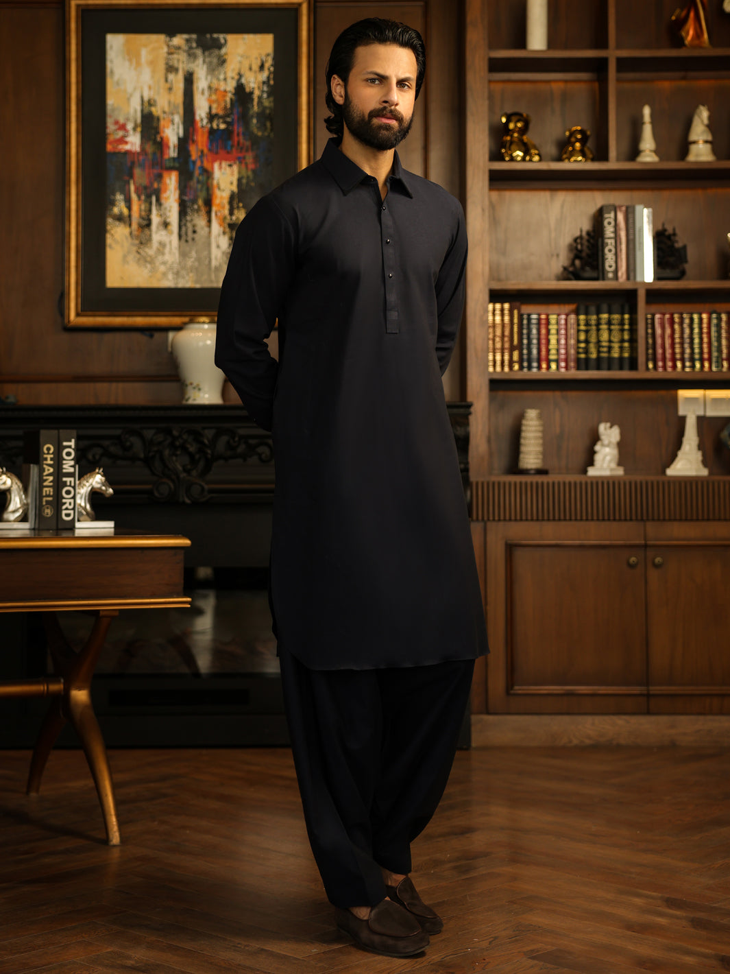Navy Blue Cut & Sew Kameez Shalwar - ALWA-KS-633