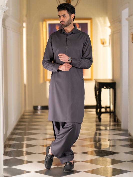 Grey Cut & Sew Kameez Shalwar - ALWA-KS-638B Front Main