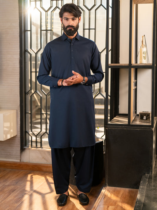 Navy Blue Cut & Sew Kameez Shalwar - ALWA-KS-655