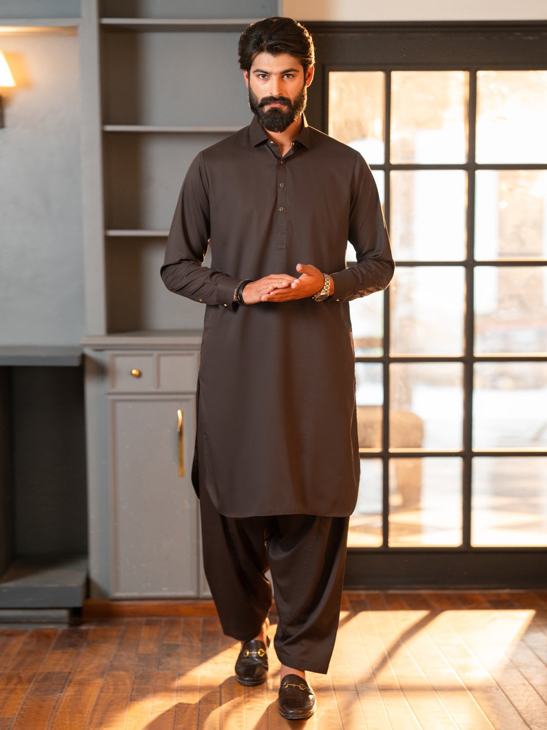 Brown Cut & Sew Kameez Shalwar  - Men Kameez Shalwar-Wa Series | ALMIRAH