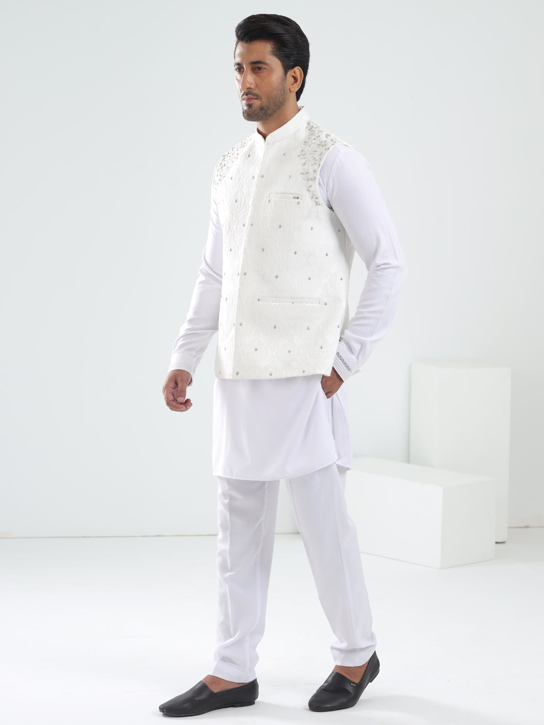 White Blended Waistcoat - AL-WC-549 - Almirah Online